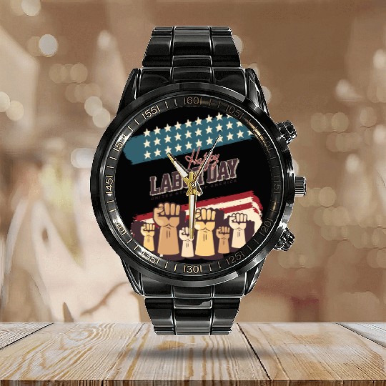 Labor Day Fists Raised Calendar Steel Band Watch