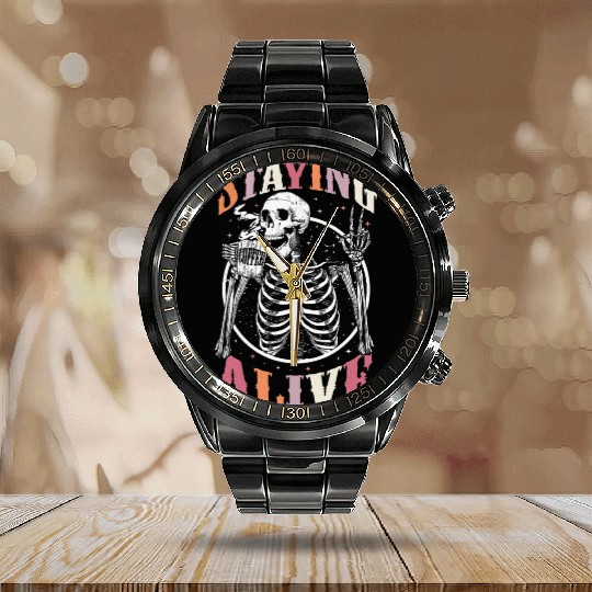 Staying Alive Skeleton Drinking Coffee Lover Gift Calendar Steel Band Watch