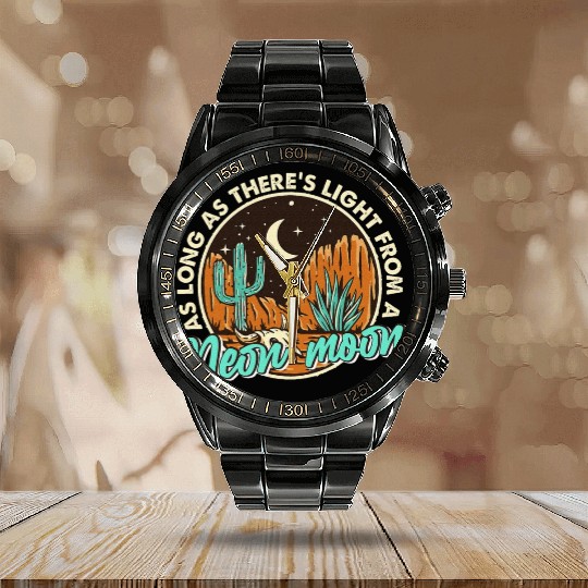 Neon Moon Cactus Country Mountain Western Cow Calendar Steel Band Watch
