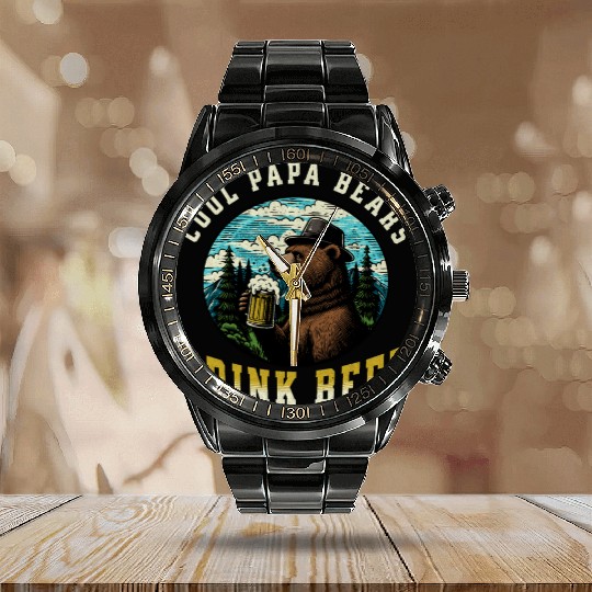 Cool Papa Bears Drink Beer Calendar Steel Band Watch