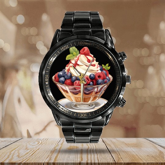Fruity Raspberries and Blueberries Parfait Sundae Calendar Steel Band Watch