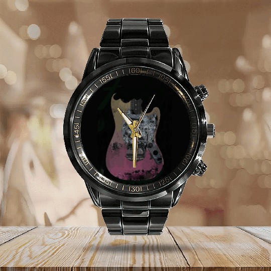 Grunge Cheetah Print Electric Guitar Calendar Steel Band Watch