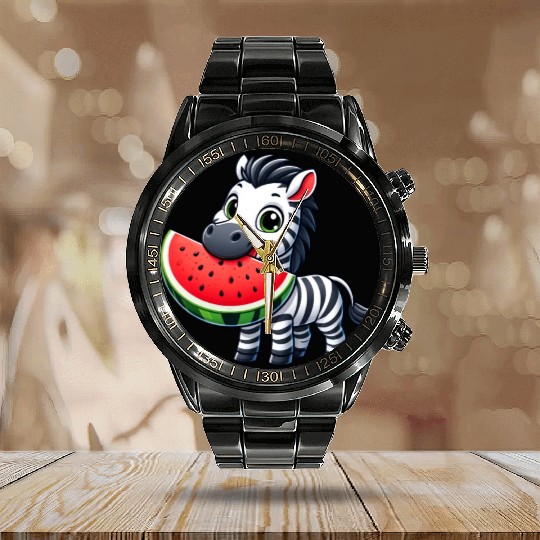 Zebra melon watermelon fruit fruity Calendar Steel Band Watch