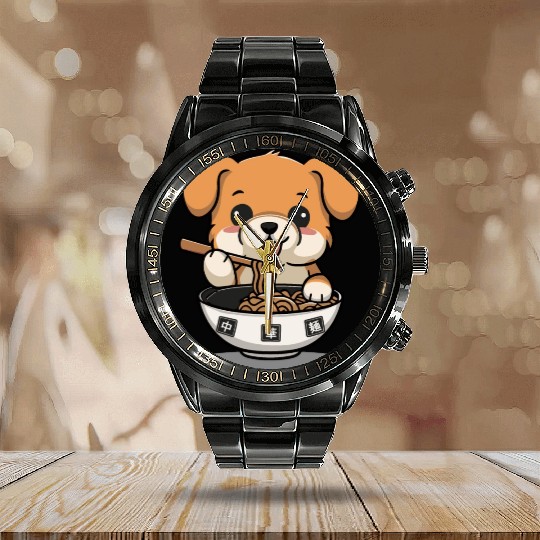 Cute Dog Eating Ramen Noodles Calendar Steel Band Watch