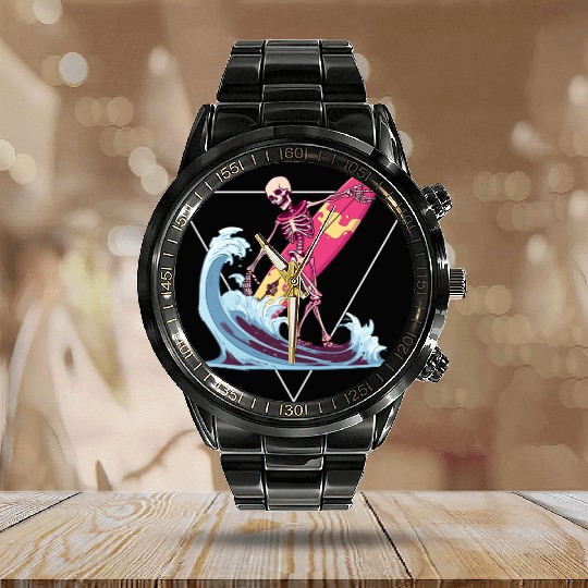 Surfer Skeleton Beach Summer Vibes Calendar Steel Band Watch