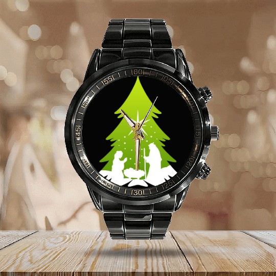 Christmas Tree Nativity Scene Artist Calendar Steel Band Watch