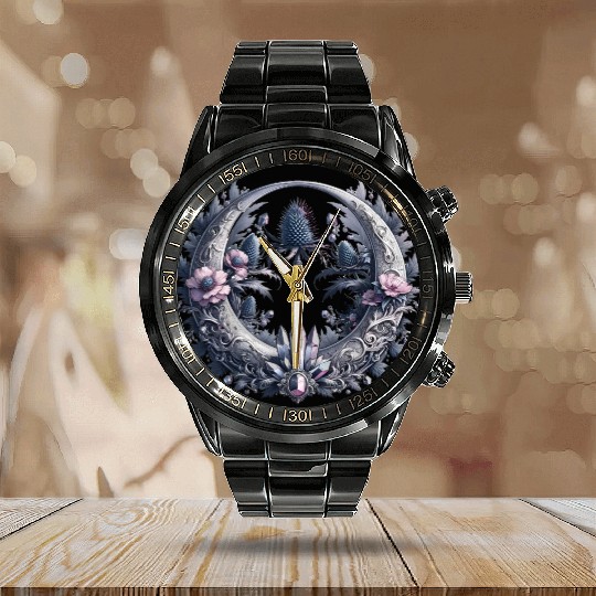 Crescent moon in silver, with crystals and flowers Calendar Steel Band Watch