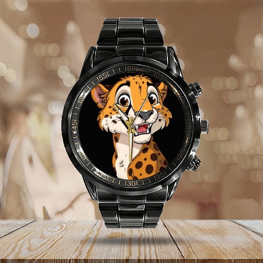 Charming Smiling Cheetah Portrait Calendar Steel Band Watch