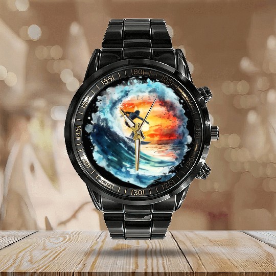 Watercolor Sunset Surfing Clipart | Surfboard, Calendar Steel Band Watch
