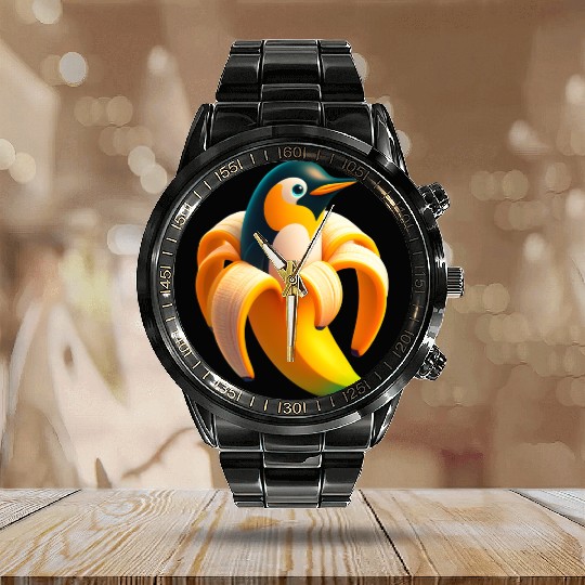 Banana Penguin Funny Anthropomorphic fruit Animals Calendar Steel Band Watch