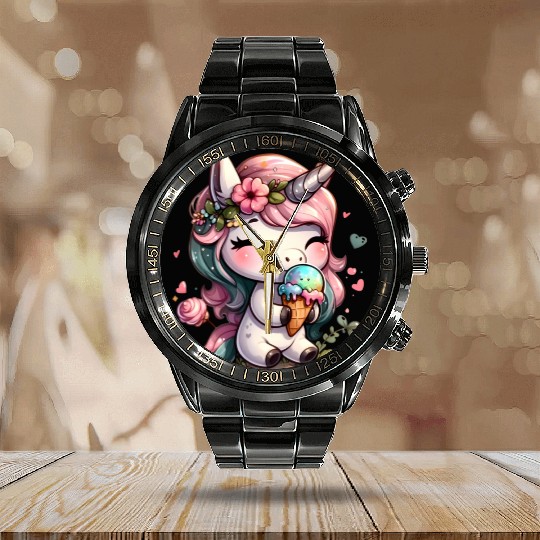 Chibi Unicorn Eating Ice Cream Calendar Steel Band Watch