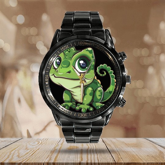 Adorable Wide-Eyed Green Chameleon Calendar Steel Band Watch