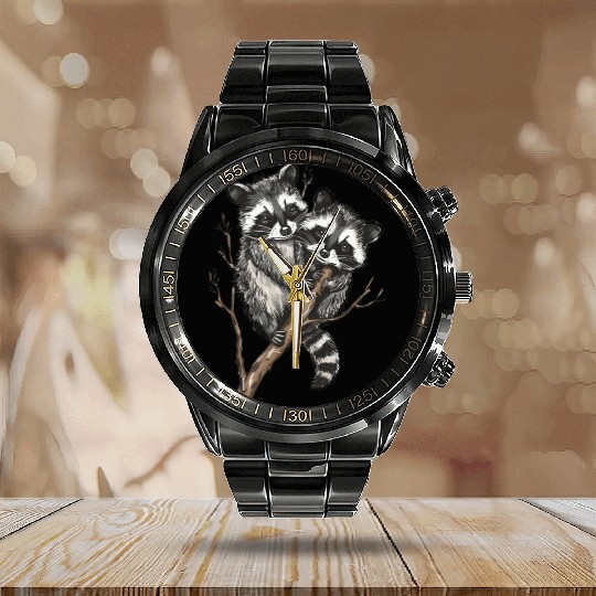 Opossum and raccoon Calendar Steel Band Watch
