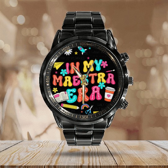 In My Maestra Era Spanish Mexican Teacher Calendar Steel Band Watch
