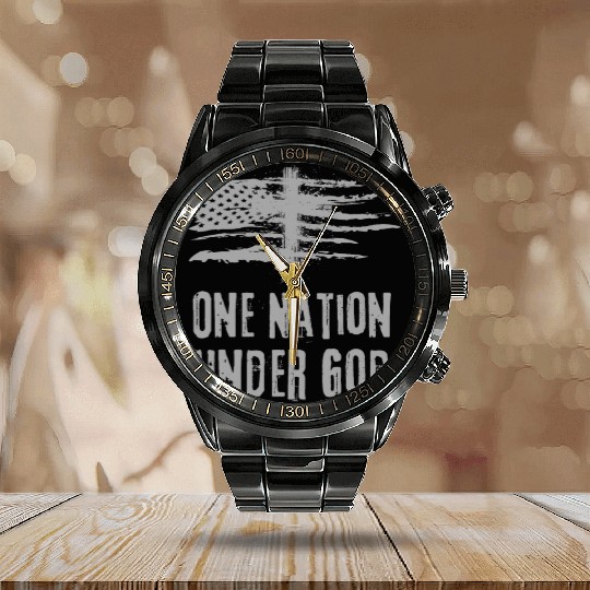 4th Of July US Flag One Nation Under God Christian Calendar Steel Band Watch