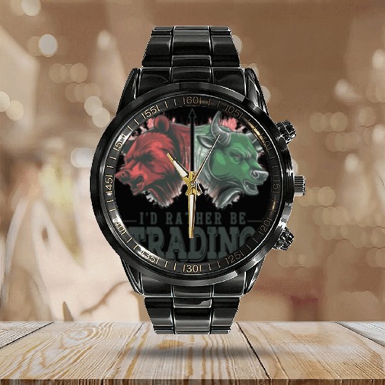 I'd Rather be Trading Stock Market Bulls vs Bears Calendar Steel Band Watch