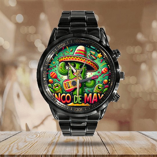 Cinco de Mayo Cactus Calendar Steel Band Watch