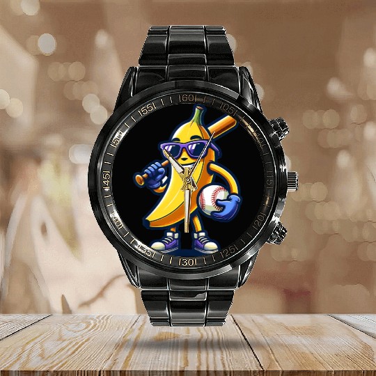 Banana Playing Baseball Fruit Lover Baseball Playe Calendar Steel Band Watch