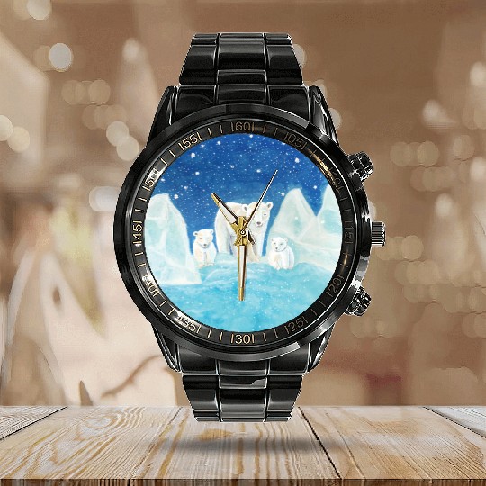 Polar Bears (Ursus maritimus) - Bear Mother & Cubs Calendar Steel Band Watch