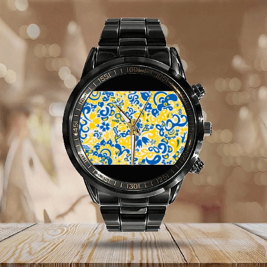 Ukrainian flag colors on floral folklore pattern Calendar Steel Band Watch