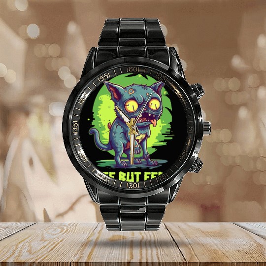 Cute But Wild: Zombie Voodoo Cat For Halloween Calendar Steel Band Watch