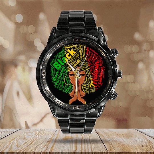 Juneteenth Melanin Natural Clothes Calendar Steel Band Watch
