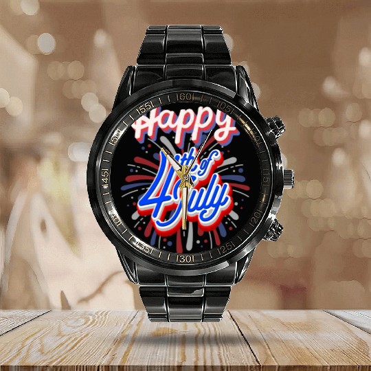 Happy 4th Of July Patriotic American Calendar Steel Band Watch
