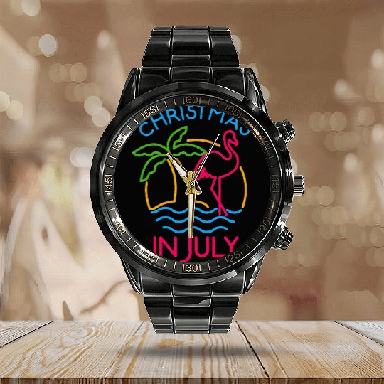 Christmas In July Pink Flamingo Calendar Steel Band Watch