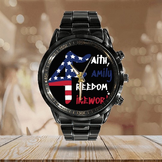4th of July American Flag Patriotic Calendar Steel Band Watch