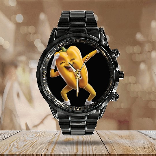 Yellow Bell Pepper Dabbing Realistic Calendar Steel Band Watch