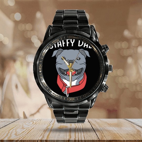 Fathers Day Dog Dad Staffordshire Terrier Calendar Steel Band Watch