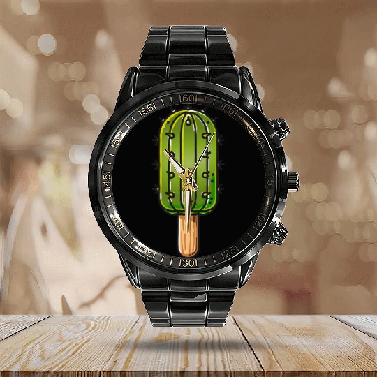 Funny cactus ice cream motif in comic style is fun Calendar Steel Band Watch