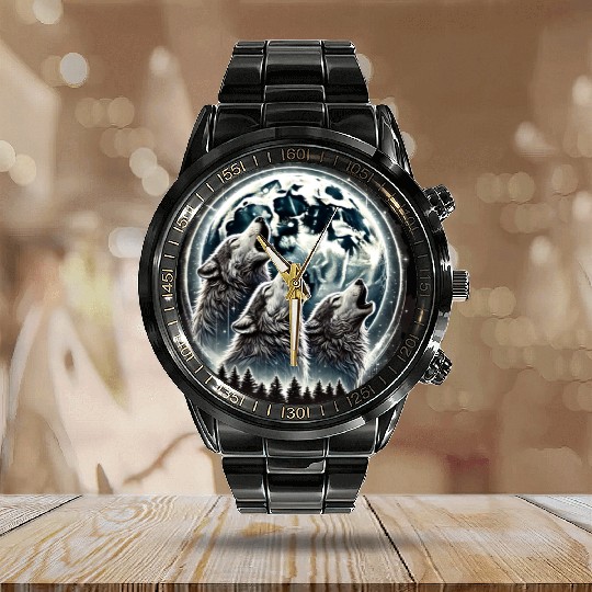 Wolfs Moon Nature Cute forest graphic Calendar Steel Band Watch