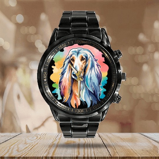 Afghan Hound Dog Watercolor Calendar Steel Band Watch