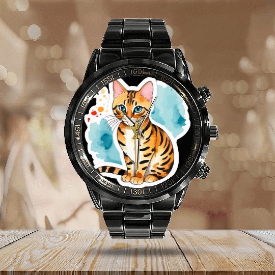 Leopard Cat Watercolor Calendar Steel Band Watch