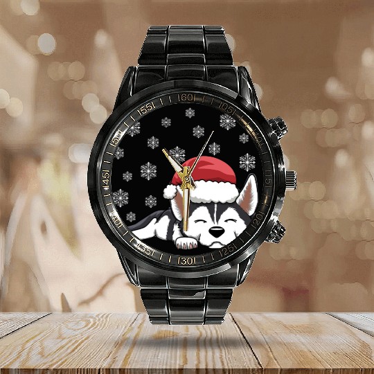 CHRISTMAS SANTA HAT SIBERIAN HUSKY DOG Calendar Steel Band Watch
