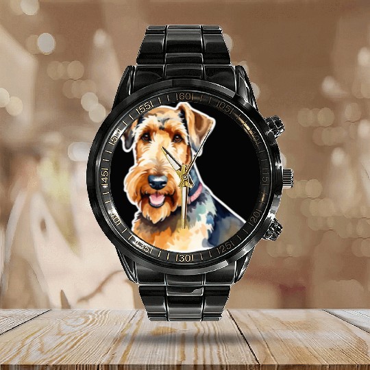 Airedale Terrier Watercolor Calendar Steel Band Watch