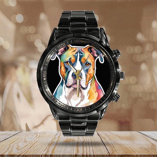 American Staffordshire Terrier Watercolor Calendar Steel Band Watch
