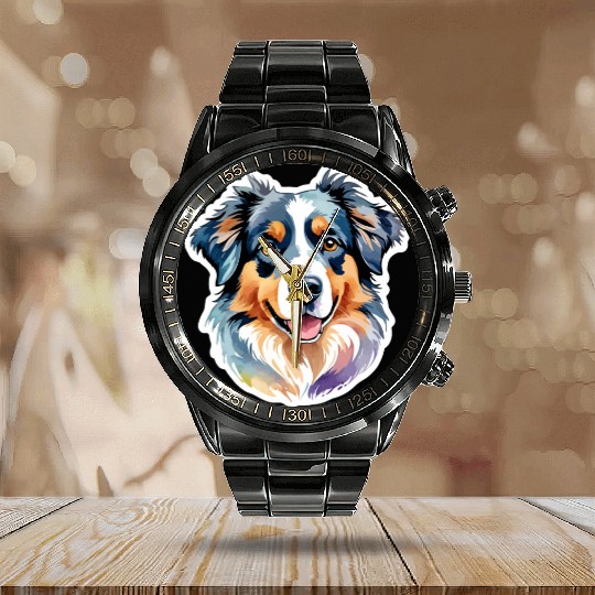 Australian Shepherd Watercolor Calendar Steel Band Watch