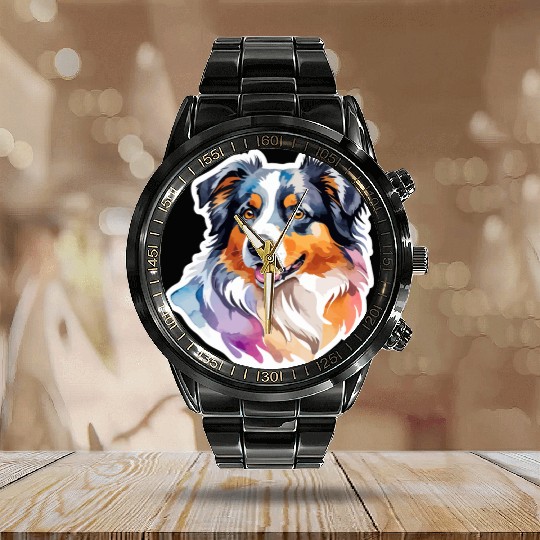 Australian Shepherd Watercolor Calendar Steel Band Watch