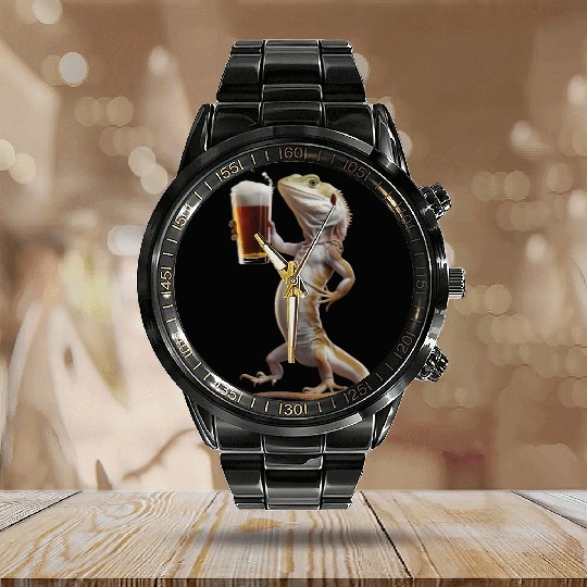 Lizard Drinking Beer Realistic Calendar Steel Band Watch