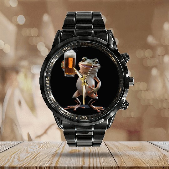 Frog Drinking Beer Realistic Calendar Steel Band Watch