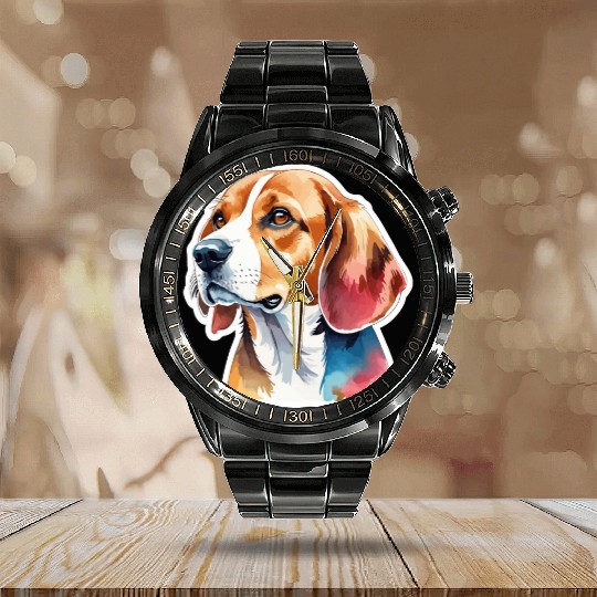 Beagle Watercolor Calendar Steel Band Watch