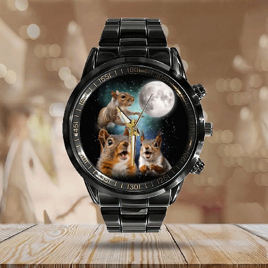Funny Squirrel Moon Space! Nerd, Geed, Science Calendar Steel Band Watch