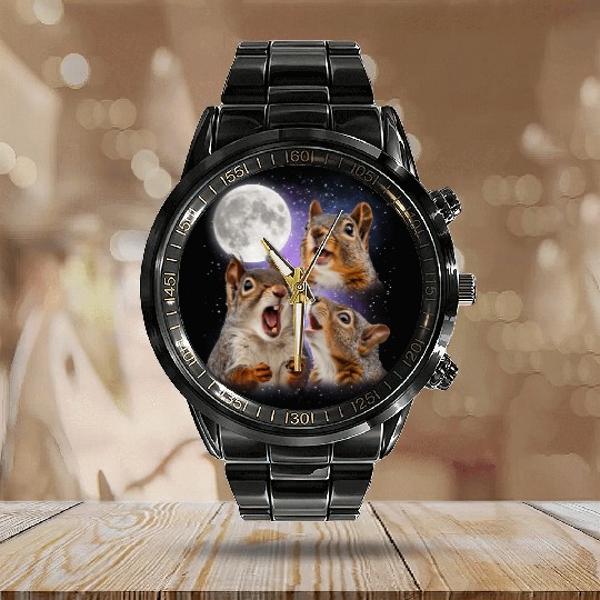 Funny Squirrel Moon Space! Nerd, Geed, Science Calendar Steel Band Watch