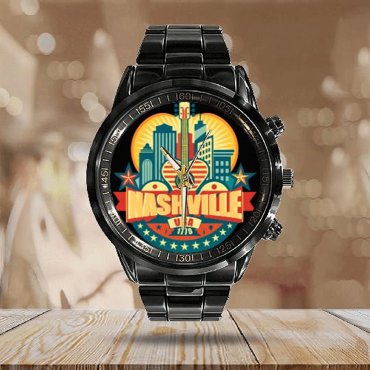 Nashville Nightscape, Vibrant city lights Calendar Steel Band Watch