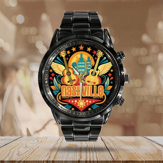 Nashville Nightscape, Vibrant city lights Calendar Steel Band Watch