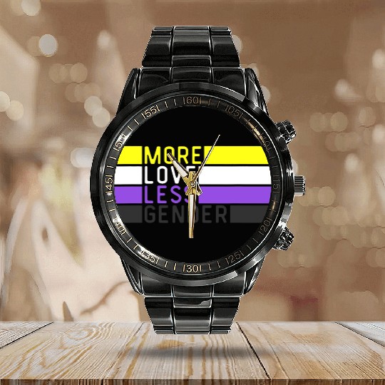 Non Binary Pride NB More Love Less Gender LGBTQ Calendar Steel Band Watch