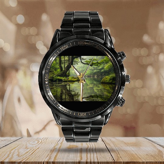 Autumn Leaves on Mossy Rock Cliff Edge Calendar Steel Band Watch