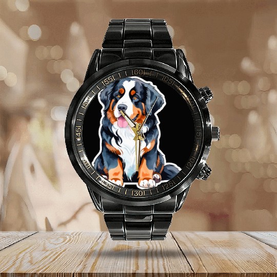 Bernese Mountain Dog Watercolor Calendar Steel Band Watch